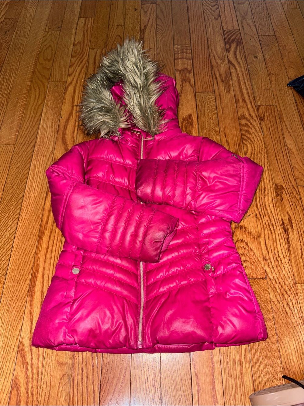 Michael Kors Girls' Hot Pink Puffer Coat with Faux Fur Hood